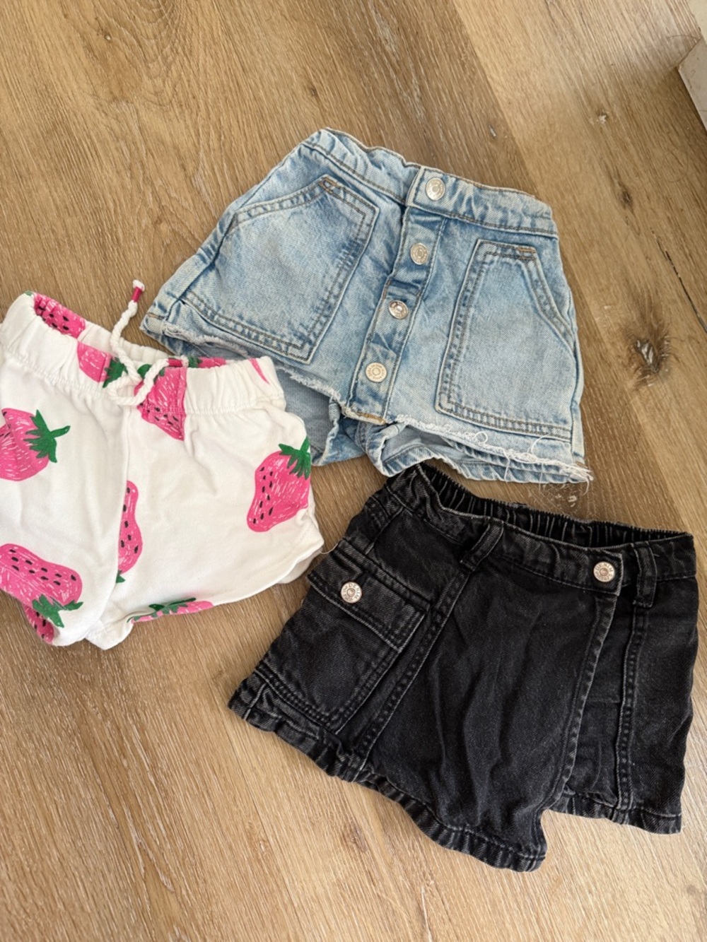 Zara Girls Denim and Black Skorts with Pink Strawberry Print White Shorts